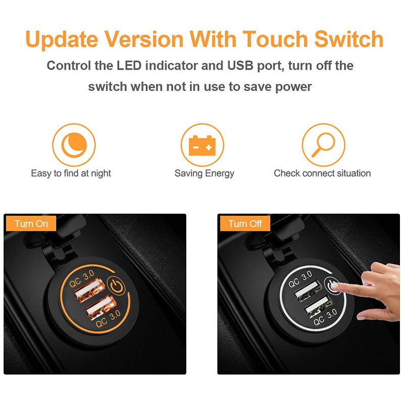 [Australia - AusPower] - Quick Charge 3.0 Dual USB Charger Socket, Waterproof 12V/24V USB Outlet QC3.0 Fast Charger Socket with Touch Switch DIY Kit for Car, Golf Cart, Marine, Boat, RV, Motorcycle, Truck,etc(Orange-2Pack) orange-2pack 