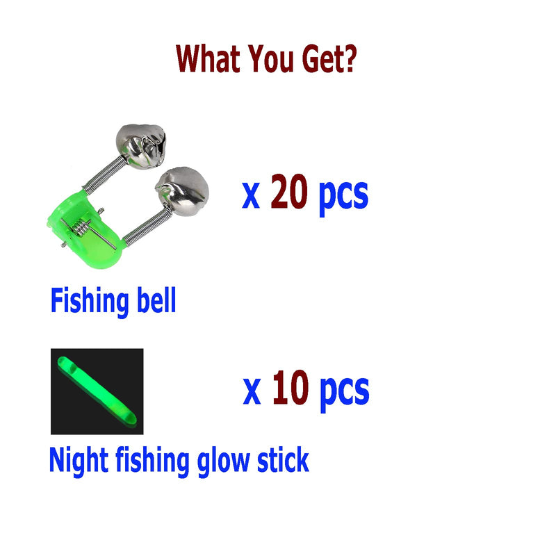 [Australia - AusPower] - FASPLORE 20 Pcs Fishing Bells for Rods Comes with 10 Fishing Glow Sticks Fishing Bite Alarm Indicator 