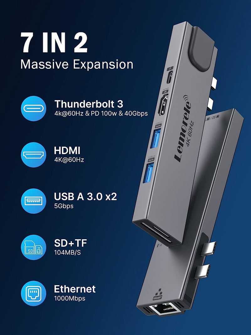 [Australia - AusPower] - Lemorele USB C Hub, 7 in 2 MacBook Pro Air M1 Adapter Dongle Dock Station w/4K@60Hz HDMI, 100W PD Thunderbolt 3, 1000M RJ45 Ethernet, 2 USB 3.0, SD/TF 3.0, for Mac Air/Pro 13 15 16 in 2020/2019/2018 black 