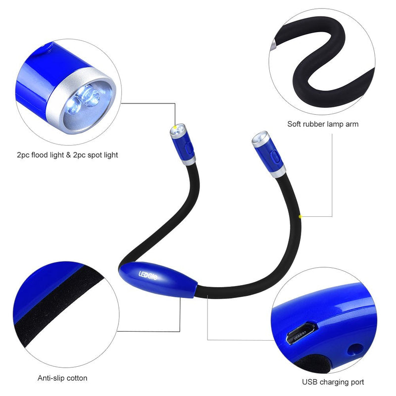 [Australia - AusPower] - Neck Reading Light USB Rechargeable - LEDGLE Book Light for Reading in Bed with 4 LED 3 Brightness Levels 2 Flexible Soft Silicone Arms - Hands Free Lamp for Reading Knitting Craft Camping Repairing Blue 