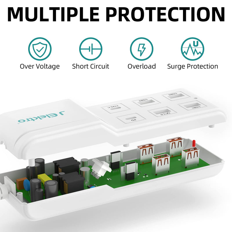 [Australia - AusPower] - Multi USB Charger, J Elektro 6 Port Multiport USB Charging Hub with Smart Detect, Desktop 6 Ft Extension Cord USB Splitter, Quick Charge 3.0 PD Fast Charging Station for Smart Phone Laptop Computer 