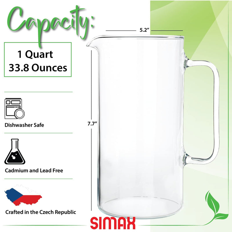[Australia - AusPower] - Simax Glassware Clear Glass Pitcher | For Cold Beverages, Dishwasher Safe, Cylinder Design, 1 Quart Capacity 