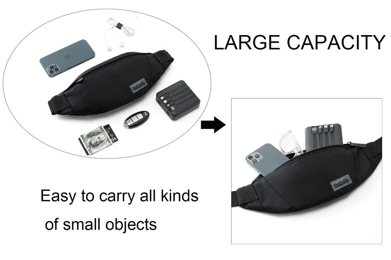 [Australia - AusPower] - Waist Bag for Men Women Waterproof Fanny Pack with Adjustable Strap for Running Walking Traveling (Black) Large-Black(3 Zipper Pockets) 