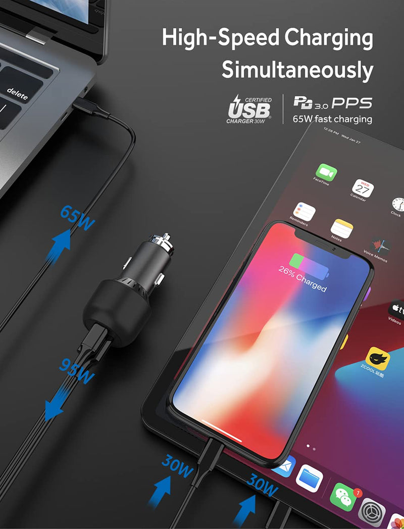 [Australia - AusPower] - Poihiom 95W 3 Port USB C Fast Car Charger, 65W 30W PPS PD Type C Phone Laptop 30W QC3.0 Metal USB Car Cigarette Lighter Adapter for iPhone 12 Pro Max Samsung 5g S21 S10 S9 Note10/20 for iPad MacBook 