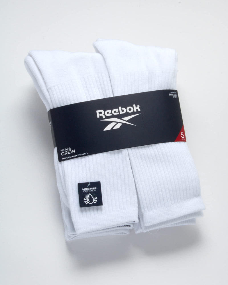 [Australia - AusPower] - Reebok Men's Cushioned Comfort Athletic Performance High Crew Socks (5 Pack) Classic White 6-12.5 
