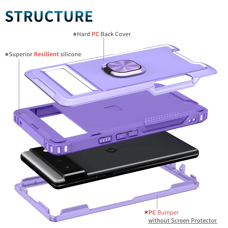 [Australia - AusPower] - Petocase for Google Pixel 6 Case Heavy Duty Full Body Shockproof Kickstand with 360°Ring Holder Support Car Mount Hybrid Bumper Silicone Hard Back Cover for Google Pixel 6 2021 6.4" Purple 