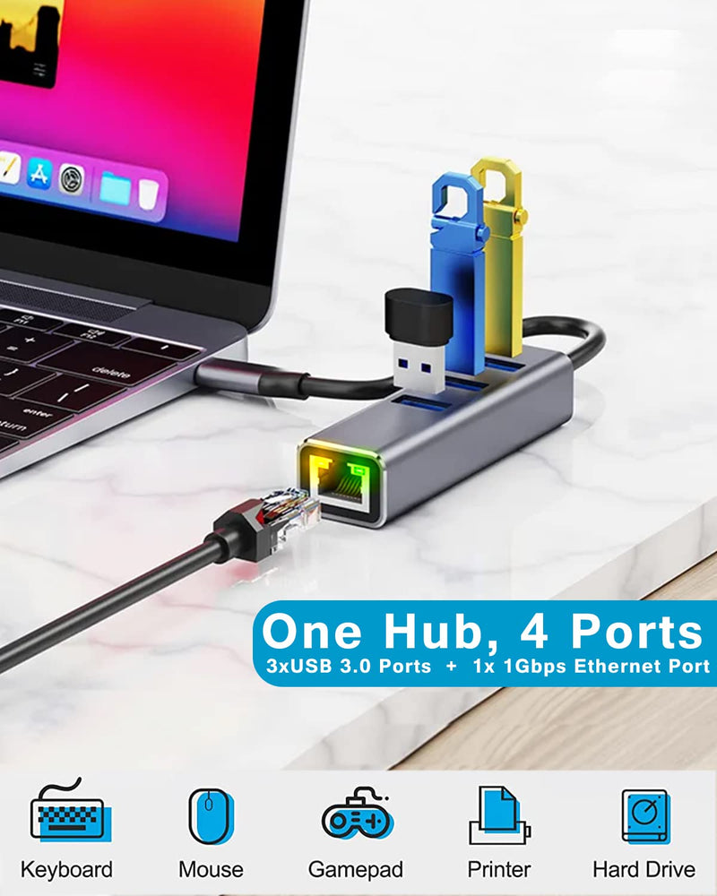 [Australia - AusPower] - USB to Ethernet Adapter - USB 3.0 Hub with RJ45 1000/100/10 Gigabit Network Adaptor, Multiport USB Dongle Internet Connector for MacBook Pro, Surface Pro, XPS, Laptop, Computer (Type-A) Type-A 