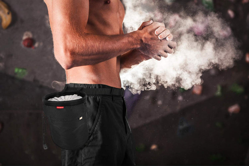 [Australia - AusPower] - MoKo Chalk Bag, Drawstring Rock Climbing Chalk Bag Bouldering Chalk Bag Bucket with Adjustable Belt & Zippered Pockets and Carabiner for Rock Climbing Weight Lifting Gymnastics Crossfit Black 