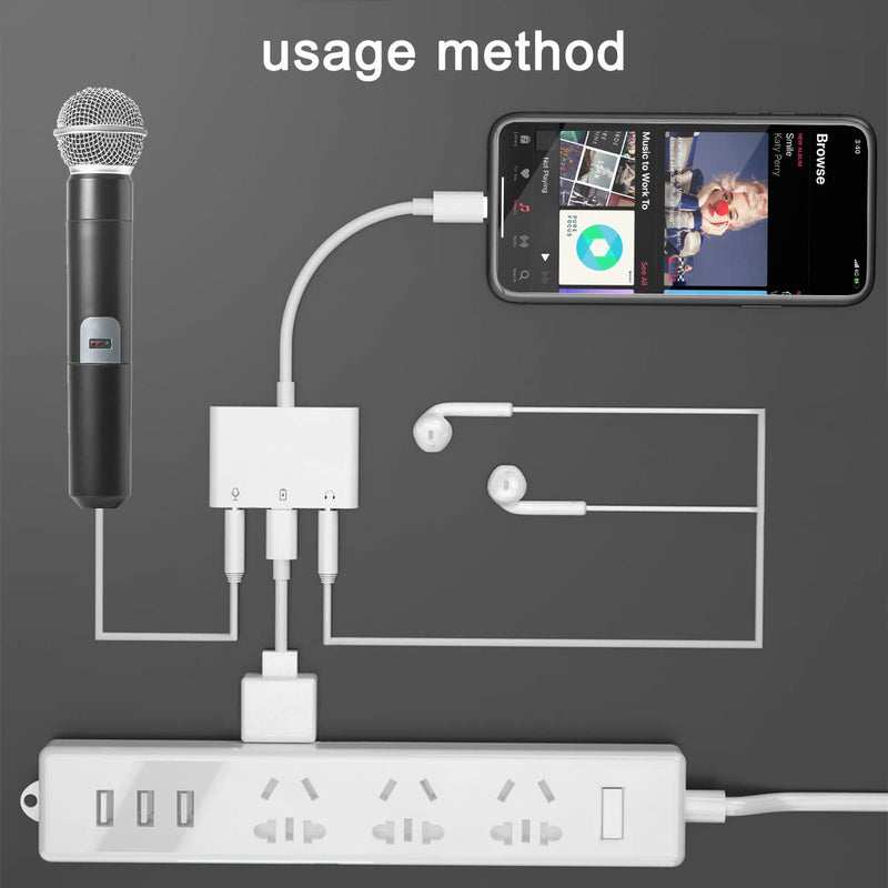 [Australia - AusPower] - Lightning to Microphone Audio Adapter, Upgraded 3 in 1 Dual 3.5mm Microphone Audio Jack and Charging Aux Headphone Splitter Adapter, Compatible with iPhone 12/11/iPad 