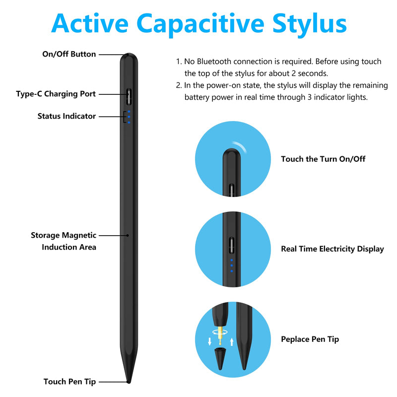 [Australia - AusPower] - Stylus Pen for iPad, Stylus Pencil for (2018-2022) Apple iPad Pro 2021 11/12.9 Inch, iPad 6/7/8th Generation, iPad Air 4th/3rd, iPad Mini 5th Gen, for iPad Accessories Magnetic Stylus Pen, Black 