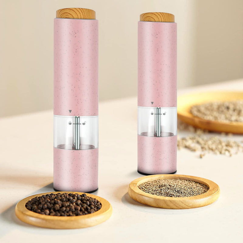 [Australia - AusPower] - 2PCS Electric Salt and Pepper Grinder Set One Hand Battery Operated Salt And Pepper Mill Wheat Straw Salt And Pepper Grinder (Pink) Pink 