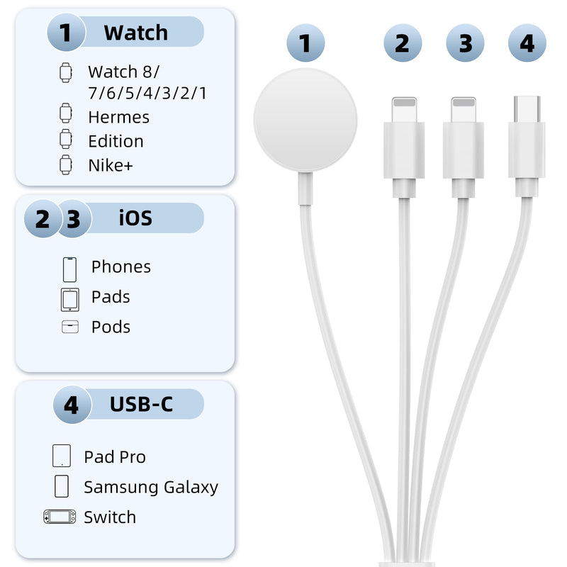 [Australia - AusPower] - Multi Charging Cable Replacement for Apple Watch iPhone Charger 4 in 2 Universal Travel Cord with Lighting USB C for iWatch Series SE/8/7/6/5/4/3/2/1 & iPhone/Airpods/Samsung S23 S22 S21-4FT 