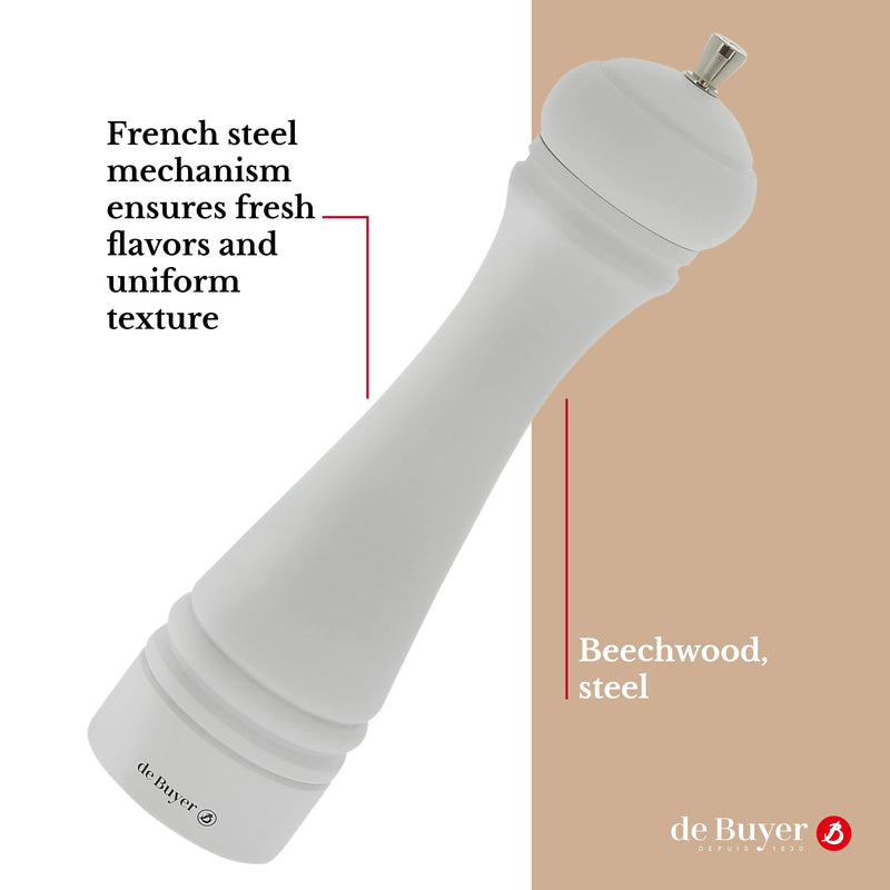 [Australia - AusPower] - de Buyer - Java Salt Mill - Java Mat White Beechwood - French Stainless Steel Mechanism - Salt or Spice Grinder - Adjustable Grind - 2.25" x 10" 