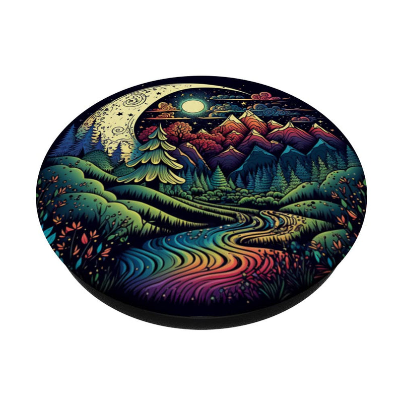 [Australia - AusPower] - Boho Moon Mountain Chic Floral Landscape PopSockets Swappable PopGrip Black 
