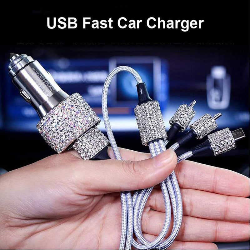 [Australia - AusPower] - Bling Car Charger Accessories Set,Rhinestone Dual USB Car Chargers + Bling 3 in1 Nylon Braided Charging Cable,Bling Crystal Decoration Car Accessories Kits for Girl and Women (Silver) Silver 