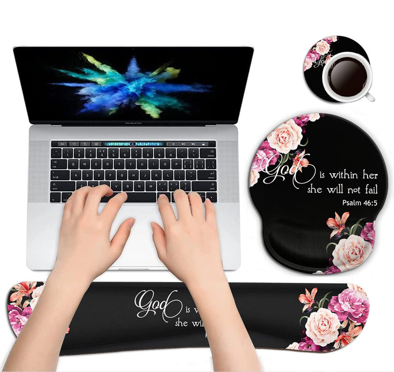 [Australia - AusPower] - Keyboard Wrist Rest Pad and Ergonomic Mouse Pad Wrist Support Set for Computer, Gaming , Office, Pain Relief + Coasters，Peony Flower Psalm 46:5 God is Within Her, She Will Not Fall Fd-wristrest-3 