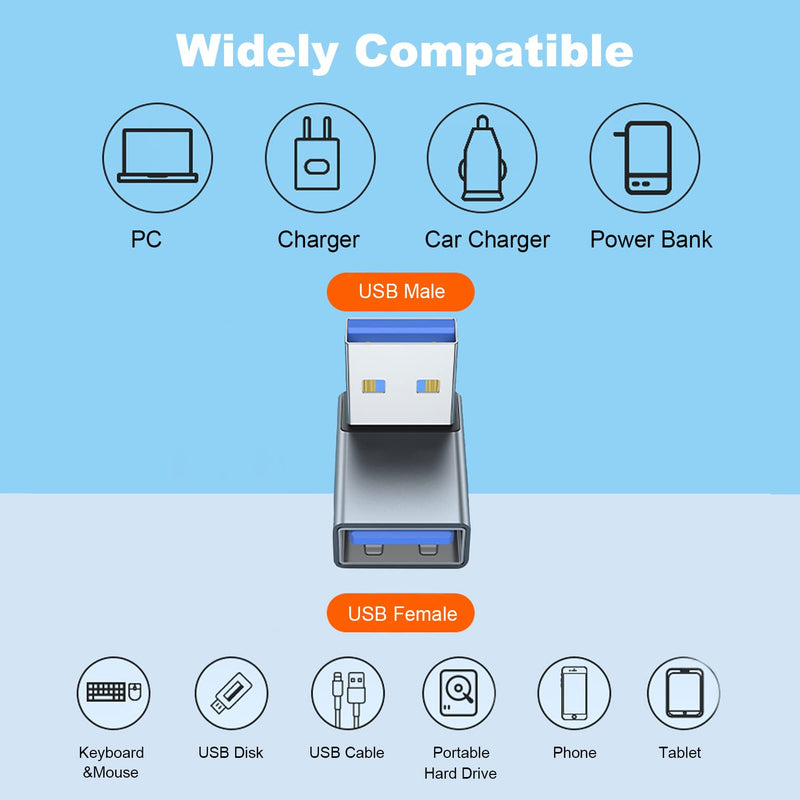 [Australia - AusPower] - AreMe 90 Degree USB 3.0 Adapter 2 Pack, Up and Down Angle USB A Male to Female Converter Extender for PC, Laptop, USB A Charger, Power Bank and More (Grey) Up/Down Grey 
