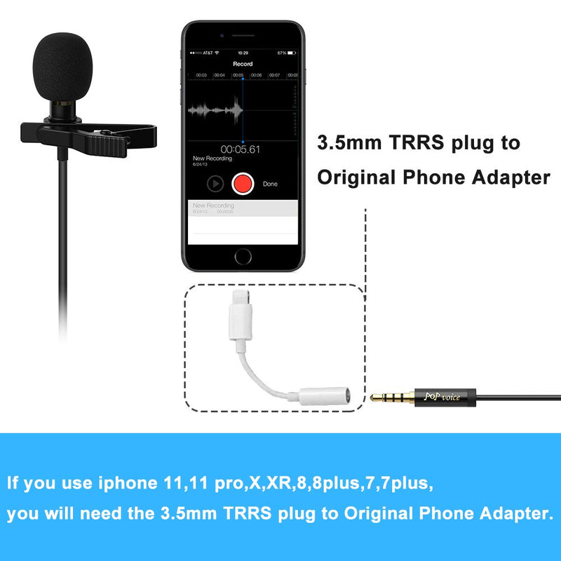 [Australia - AusPower] - PoP Voice 12.8 Feet Lavalier Lapel Microphone Professional Grade Omnidirectional Mic Condenser Small Mini Perfect for Recording Podcast PC Laptop Android iPhone YouTube Interview Asmr External 