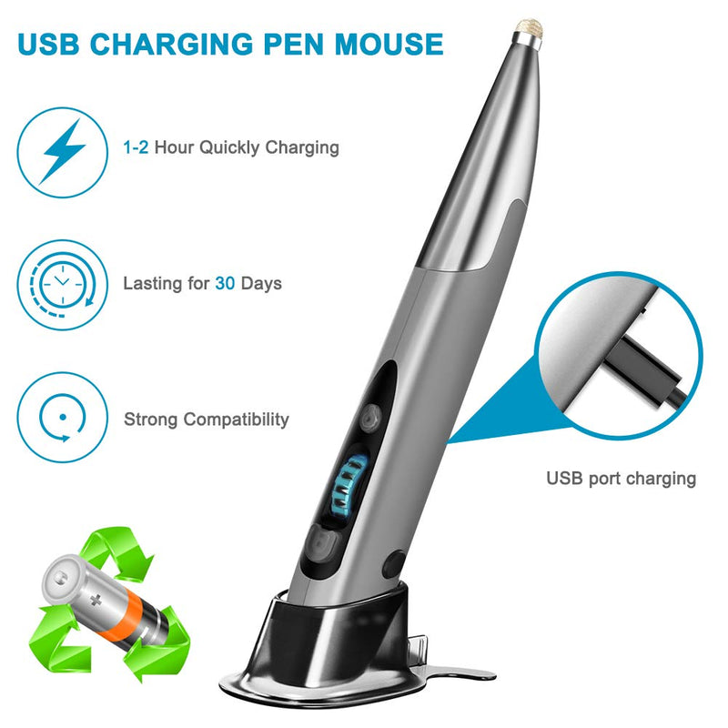 [Australia - AusPower] - Wireless Optical Pocket Pen Mouse, Jhua 2.4GHz USB Wireless Mouse Pen with Stylus Function Adjustable 800/1200/1600 DPI Handwriting Rechargeable Pen Mouse Wireless for Laptop Android Tablet PC (Grey) Grey 