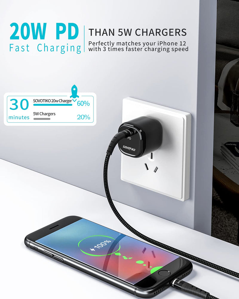 [Australia - AusPower] - USB C Fast Charger,SOVOTIKO 20W PD3.0&QC 3.0 Wall Charger,Ultra Compact Foldable Plug Power Adapter Compatible with iPhone 13/12/12Mini/11/11 Pro Max/Samsung Galaxy S20/S10/S9 More 