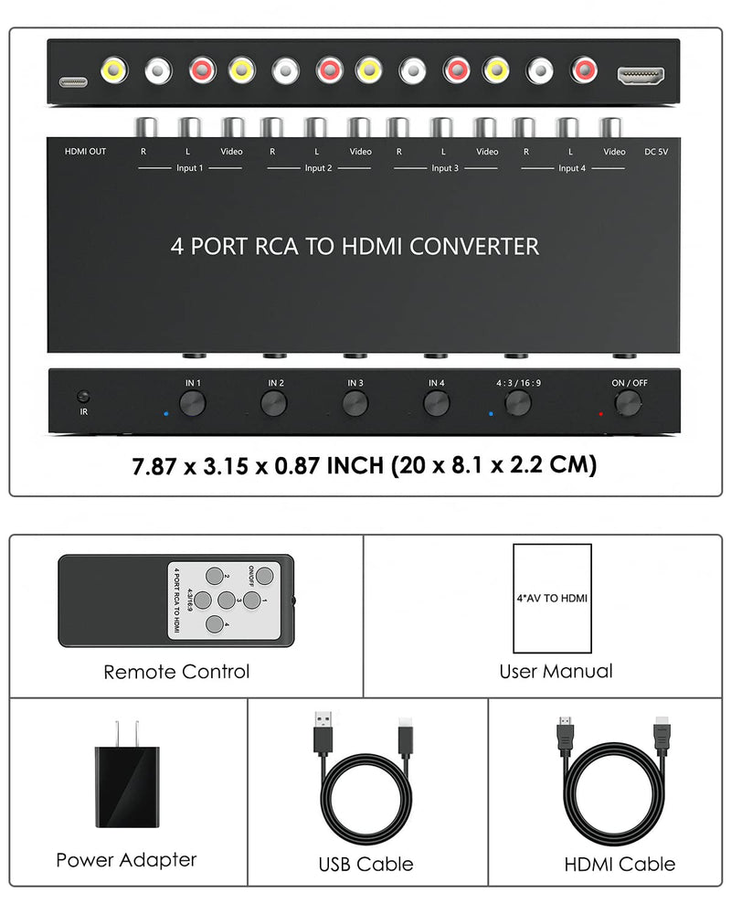 [Australia - AusPower] - 4 Port RCA to HDMI Converter, Dual AV to HDMI Converter Supports 16:9/4:3 Composite to HDMI Adapter Support 1080P PAL/NTSC Compatible with Sega/Xbox/PS1/PS2/PS3/WII/N64/VHS, VCRs, and DVD Players 