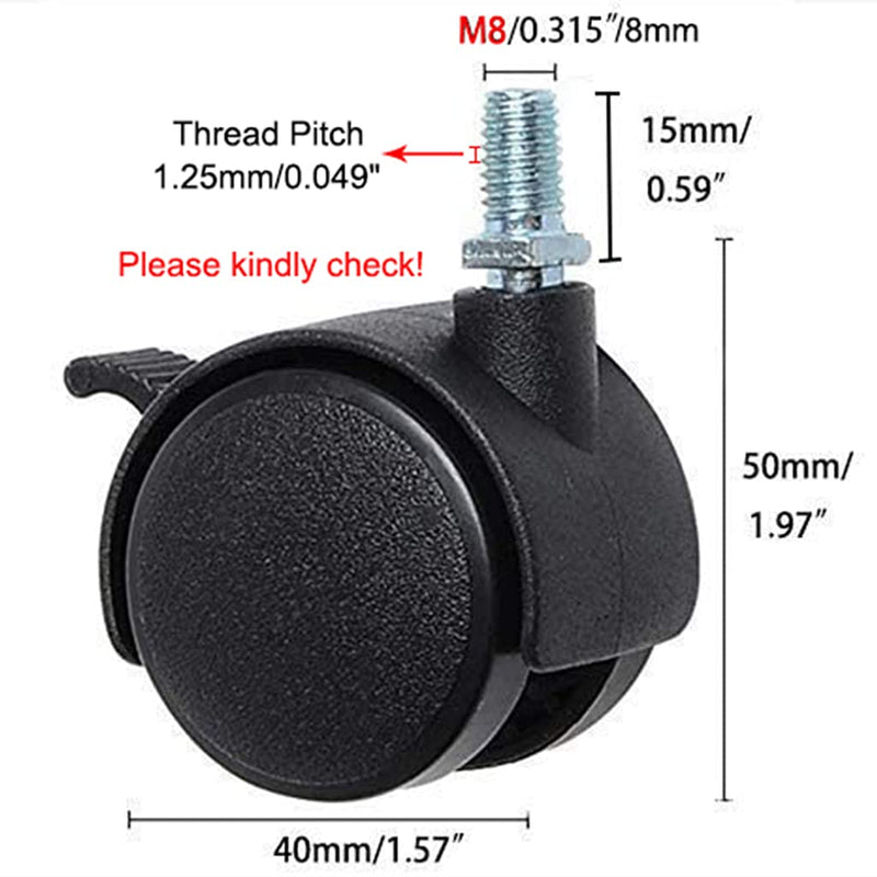 [Australia - AusPower] - HOWDIA 4 Pack 1.5 Inch Nylon Plastic Replacement Caster Swivel Furniture Wheels Floor Protecting Office Chair Swivel Caster Threaded Stem with Brake Black 