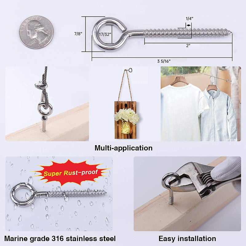 [Australia - AusPower] - Muzata 10Pack 3.5 Inch Screw Eye Hooks T316 Stainless Steel Heavy Duty Screw for Wood Securing Cables Wire Terminal Ring Eyelet Stand Self Tapping M6 Eye Bolt Indoor Outdoor CR18 10 