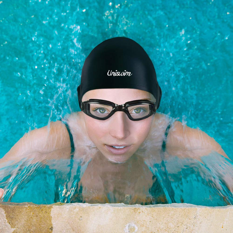 [Australia - AusPower] - Uniswim Swimming Goggles Swimming Cap Set Swim Glasses Silicone Swim hat Pack for Adults with Anti Fog Glasses for Swimming Black 