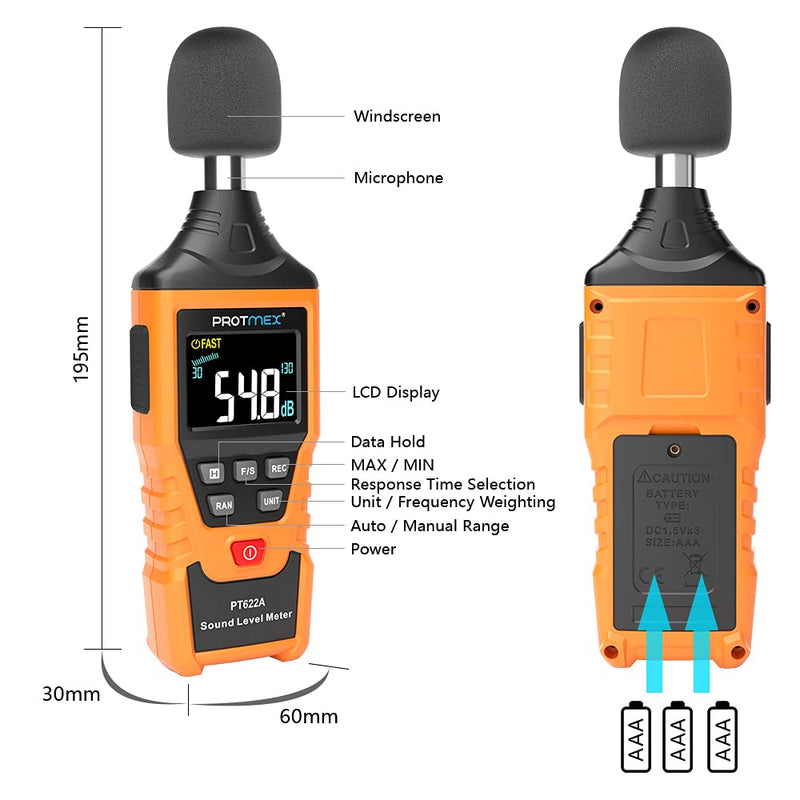 [Australia - AusPower] - Protmex Sound Level Meter Digital Reader Measurement Range 30-130 dBA with Large LCD Screen Display Accuracy 1.5dB Noise Meter Fast and Slow Selection PT622A 622A 