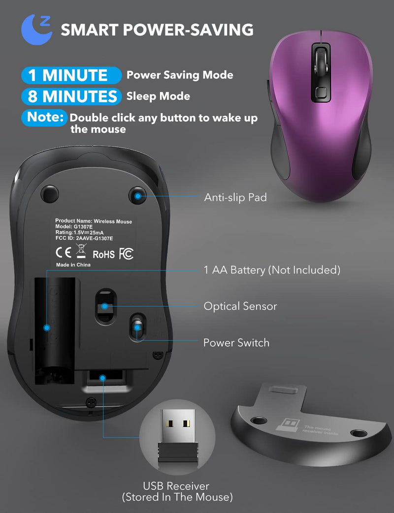 [Australia - AusPower] - Wireless Mouse for Laptop, Trueque 2.4GHz Ergonomic Computer Mouse with 3 Adjustable DPI Levels, Page Up & Down Buttons, USB Mouse for Chromebook, PC, Desktop, Notebook, MacBook (Purple) Purple 