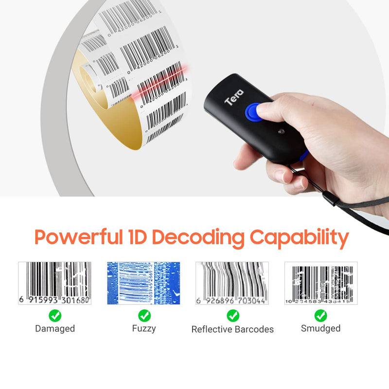 [Australia - AusPower] - Tera Wireless Barcode Scanner 1D Laser Mini Pocket Waterproof Scanner 3in1 Compatible with Bluetooth USB Wired Portable Bar Code Reader for Supermarket Logistics Work with iOS Windows Android 1100L 