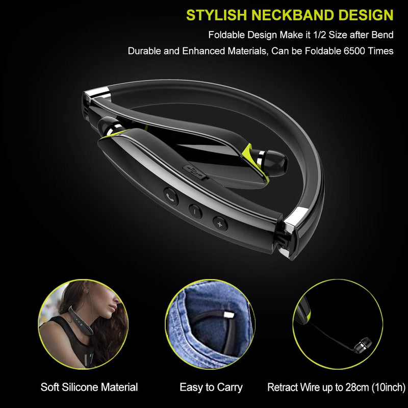 [Australia - AusPower] - Bluetooth Headphones, BEARTWO Upgraded Foldable Wireless Neckband Headset with Retractable Earbuds, Noise Cancelling Stereo Earphones with Mic for Workout, Running, Driving (with Carry Case) Black 
