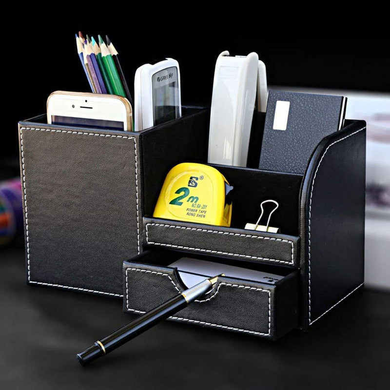 [Australia - AusPower] - KINGFOM Wooden Struction Leather Multi-function Desk Stationery Organizer Storage Box Pen/Pencil,Cell phone, Business Name Cards Remote Control Holder with Small Drawer Black 