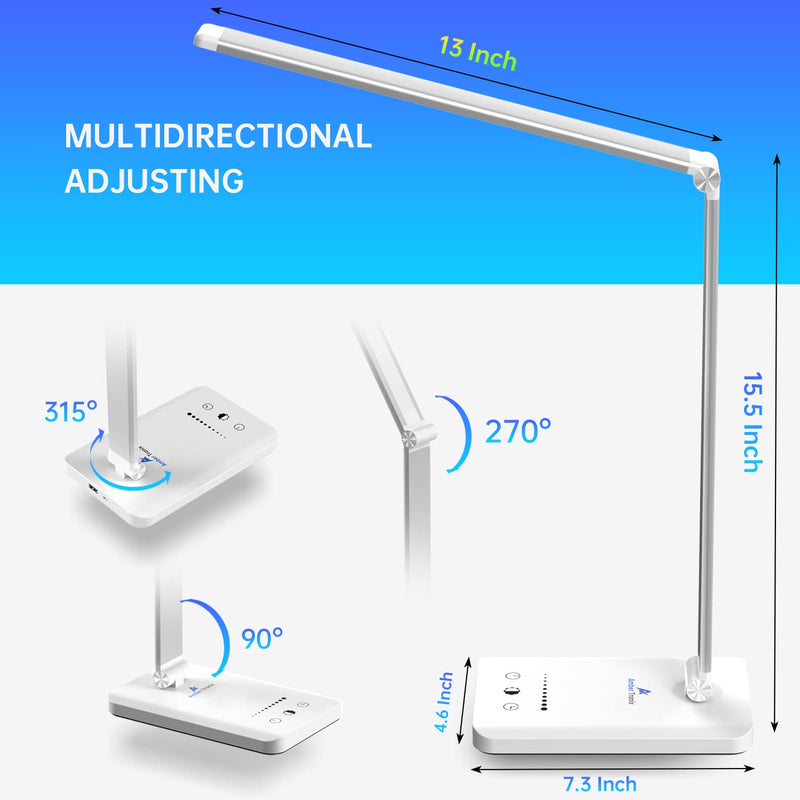 [Australia - AusPower] - Ambertronix LED Desk Lamp with USB Charging Port, Dimmable Eye-Caring Reading Desk Light for Home, with 5 Brightness Level & 5 Lighting Modes, Touch Control, Auto Timer (White) 