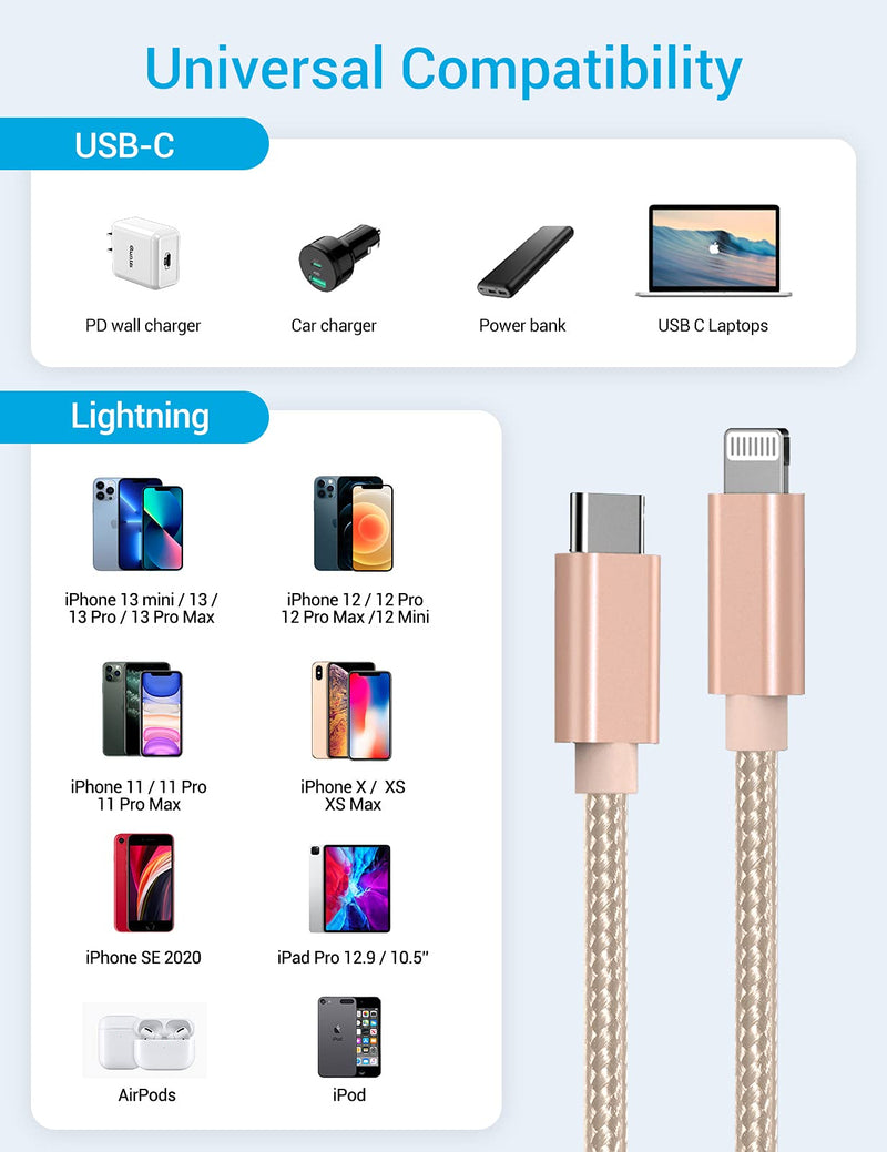 [Australia - AusPower] - Marchpowe USB C to Lightning Cable - MFi Certified iPhone 13 Fast Charger Cord 3/6/10ft Charging Cable Compatible with iPhone 13 12 Pro Max Mini 11 X XS XR 8 Plus -Gold Gold 3Pack 3/6/10ft 