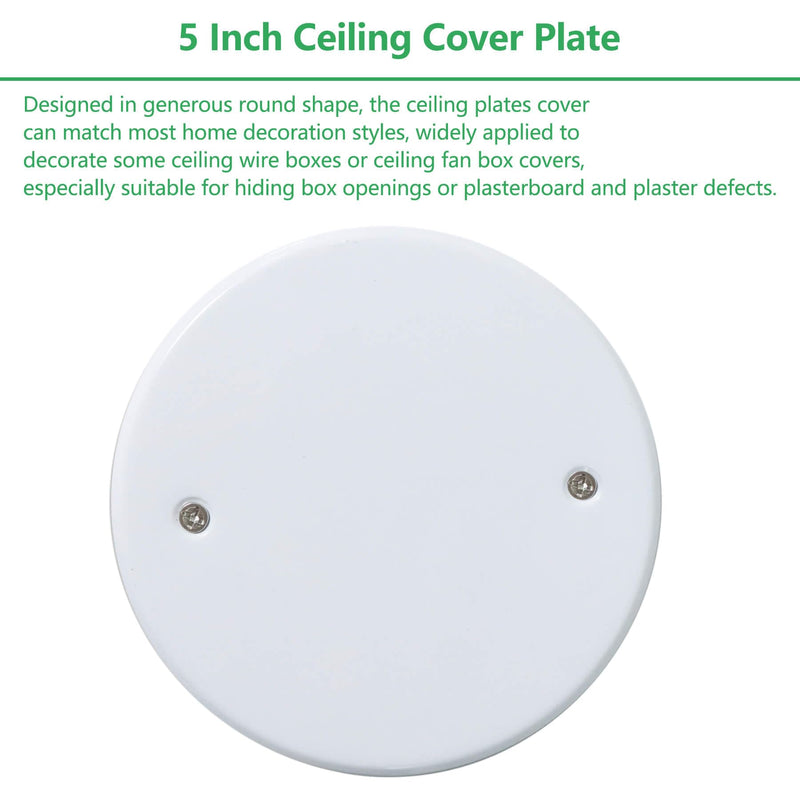[Australia - AusPower] - Bueyfolt 5 Inch White Metal Ceiling Blank-Up Cover, Cover Plate for 4 Inch Round/Octagon Box Openings on Ceilings or Walls, Holes are Spaced 3.5 Inches, Mounting Screws Included (4 Pack) 5" (Holes Spaced:3.5") 