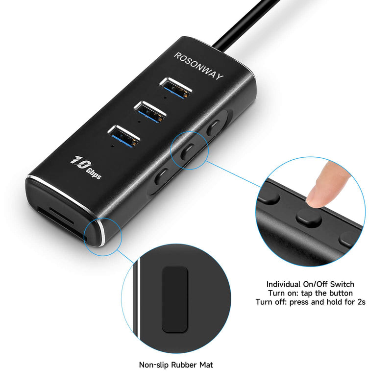 [Australia - AusPower] - Rosonway 5 in 1 USB C Hub with 3 USB 3.2 10Gbps Data Ports, SD/TF Card Readers, 2ft Cable and Individual Switches, for PC, Laptops, M1 Mac Mini, iMac, MacBook Pro/Air, RSH-A104D 