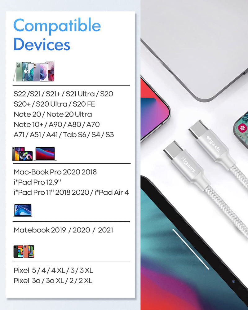 [Australia - AusPower] - etguuds White USB C to USB C Cable [3ft, 2-Pack], 60W Fast Charging Type C to Type C Charger Cable for Samsung Galaxy S23 S22 S21 S20 Ultra 5G, Z Flip/Fold 4 3, Note 20, Pixel 7 6 Pro & USB-C Laptop 3ft 