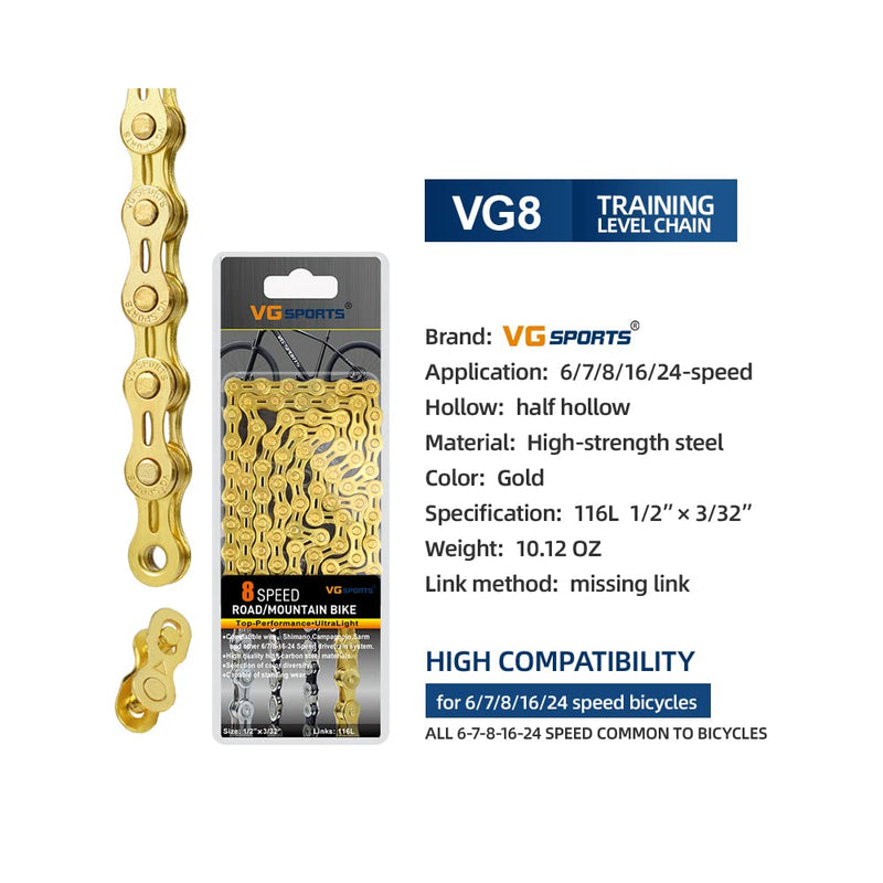 [Australia - AusPower] - VG SPORTS 6/7/8/9/10/11 Speed Bike Chains,Half Hollow/Full Hollow Lightweight Bicycle Chains for Road Bike/MTB/BMX,Silver/Gold/Titanium/Rainbow 116 Links with Missing Link 6/7/8Speed-Half Hollow Gold 1 