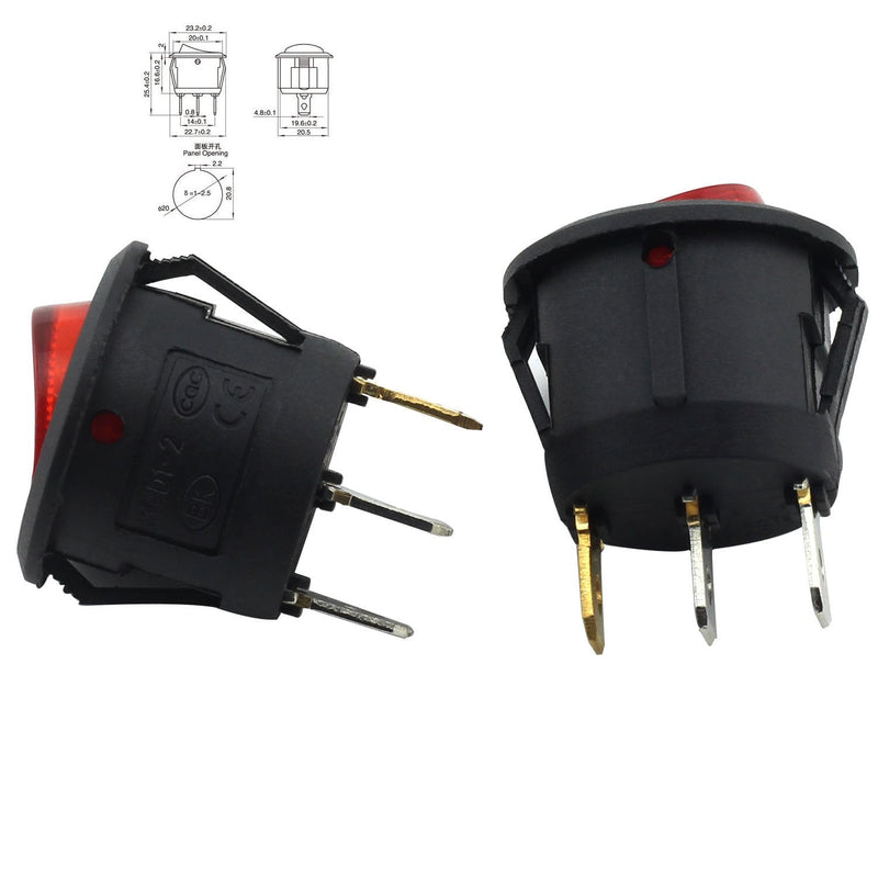 [Australia - AusPower] - Magic&shell 2-Pack Round Rocker Power Switch 6A 250V AC 3 Pin 2 Position ON/Off Power Switch SPST Red Button with Light 