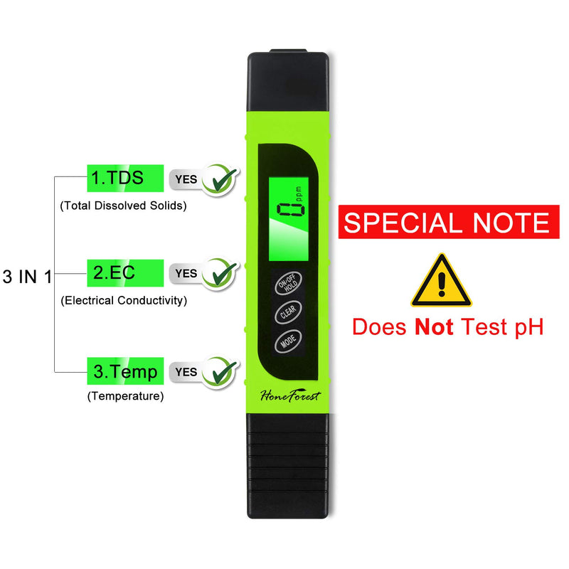 [Australia - AusPower] - Digital TDS-Meter, Accurate and Reliable, HoneForest TDS, EC & Temp Meter 3 in 1, 0-9990ppm, Ideal Water-Tester-PPM-Meter(Green) Green 