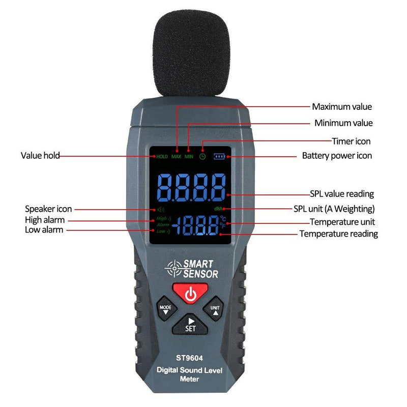 [Australia - AusPower] - Handheld Sound Level Meter,LCD Decibel Meter,Mini Digital Noise Meter,Decibel Tester,Decibel Alarm,with Red Black Light Alarm and Sound Alarm,Range 30-130dBA 