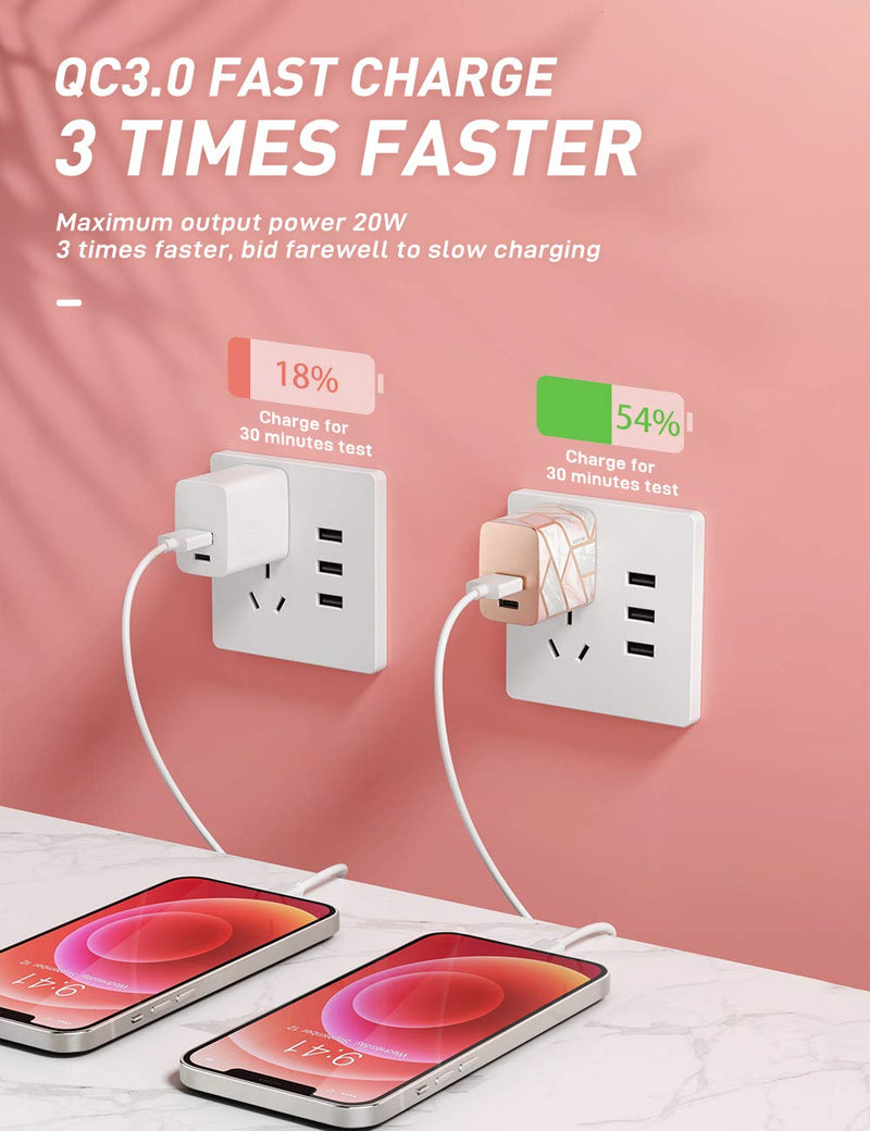 [Australia - AusPower] - i-Blason Fast USB C Wall Charger, 20W PD 3.0 USB Foldable Compact Power Adapter with 2-Port Compatible with iPhone 13/ iPhone 12/iPhone 11/MagSafe Charger/iPad/Switch/Samsung (Marble) 