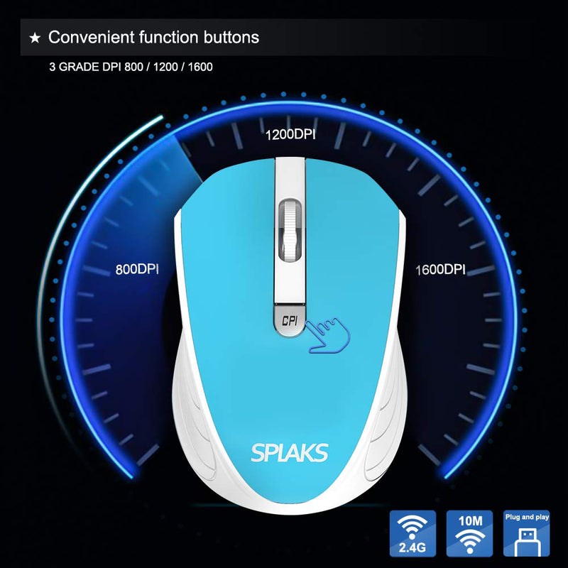[Australia - AusPower] - Wireless Optical Computer Mouse, Splaks 2.4Ghz Wireless Mice Portable Office Mouse, Left or Right Hand Mouse 3 Adjustable DPI, 4 Buttons with Nano USB Receiver for Computer, Laptop, MacBook Blue--White 