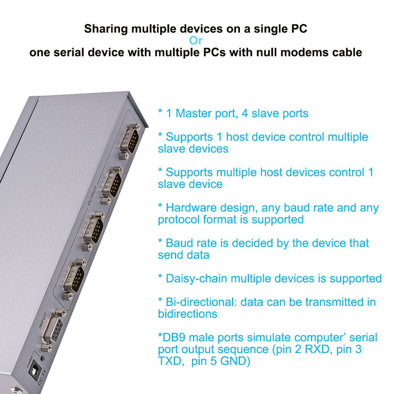 [Australia - AusPower] - RS232 Splitter, DTECH 4 Port Serial Expansion Box 1x4 COM Port Expander with Power Adapter for Sharing PCs and Capture Data 4-port serial splitter 