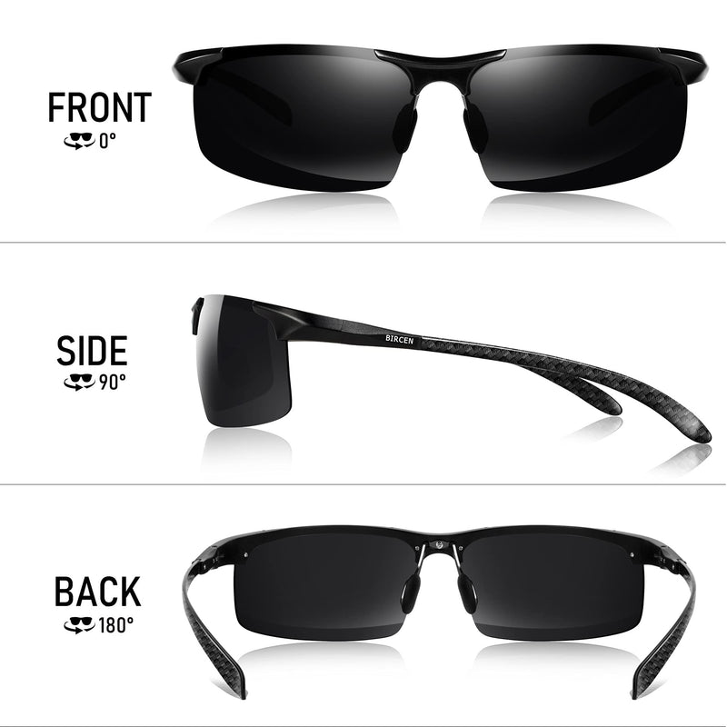 [Australia - AusPower] - Bircen Mens Polarized Carbon Fiber Sunglasses UV Protection Sports Fishing Driving Sunglasses for Men Al-Mg Frame Black Frame Black Lens 