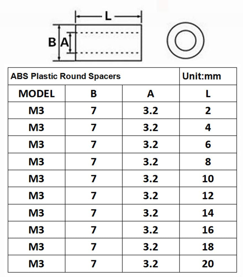 [Australia - AusPower] - Guard4U 100pcs 10-Sizes ABS Plastic Round Spacers Assortment Kit for M3 Screws OD 7mm ID 3.2mm,Length 2mm 4mm 6mm 8mm 10mm 12mm 14mm 16mm 18mm 20mm 