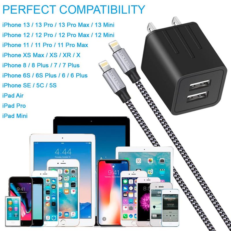 [Australia - AusPower] - iPhone Charger, YOKERSU Nylon Braided Lightning Cable Fast Charging 2Pack 6ft Data Sync Transfer Cord 2 Port Plug Wall Charger(ETL Listed)Compatible with iPhone 13 12 11 Pro Max XS XR X 8 7 Plus iPad Black 