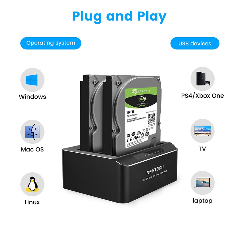 [Australia - AusPower] - Hard Drive Dock, RSHTECH Aluminum USB 3.0 to SATA Dual Bay External Hard Drive Docking Station for 2.5 & 3.5 inch SATA HDD SSD with Offline Clone/Duplicator Function, Support UASP & 2x16TB (RSH-DS01) SATA Dual-Bay Hard Drive Dock 