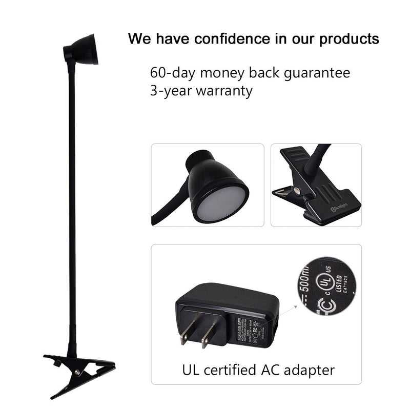 [Australia - AusPower] - CeSunlight Clamp Desk Lamp, Clip on Reading Light, 3000-6500K Adjustable Color Temperature, 6 Illumination Modes, 10 Led Beads, AC Adapter and USB Cord Included (Black) Black 